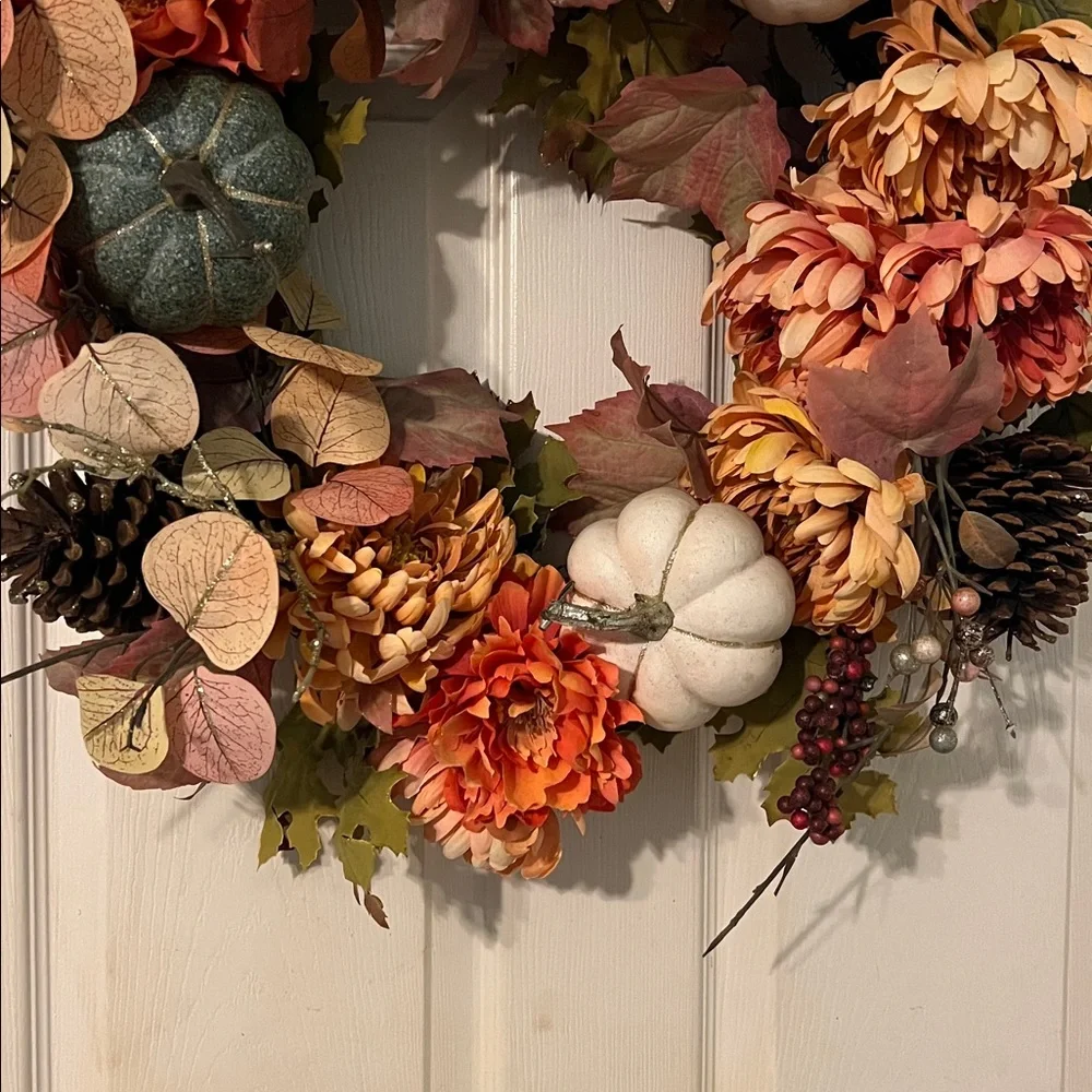 Autumn Harvest Wreath with Pumpkins and Pinecones